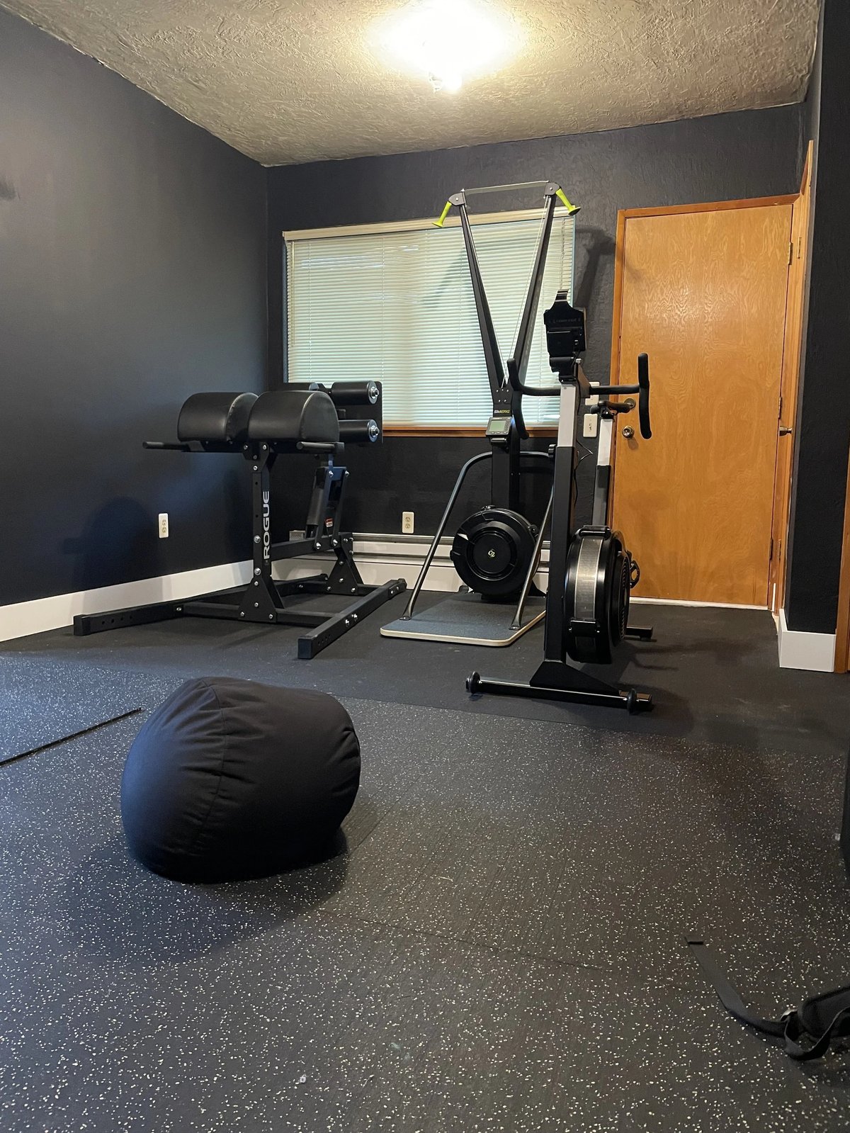 Home gym with exercise equipment including weights, weights, and mat flooring