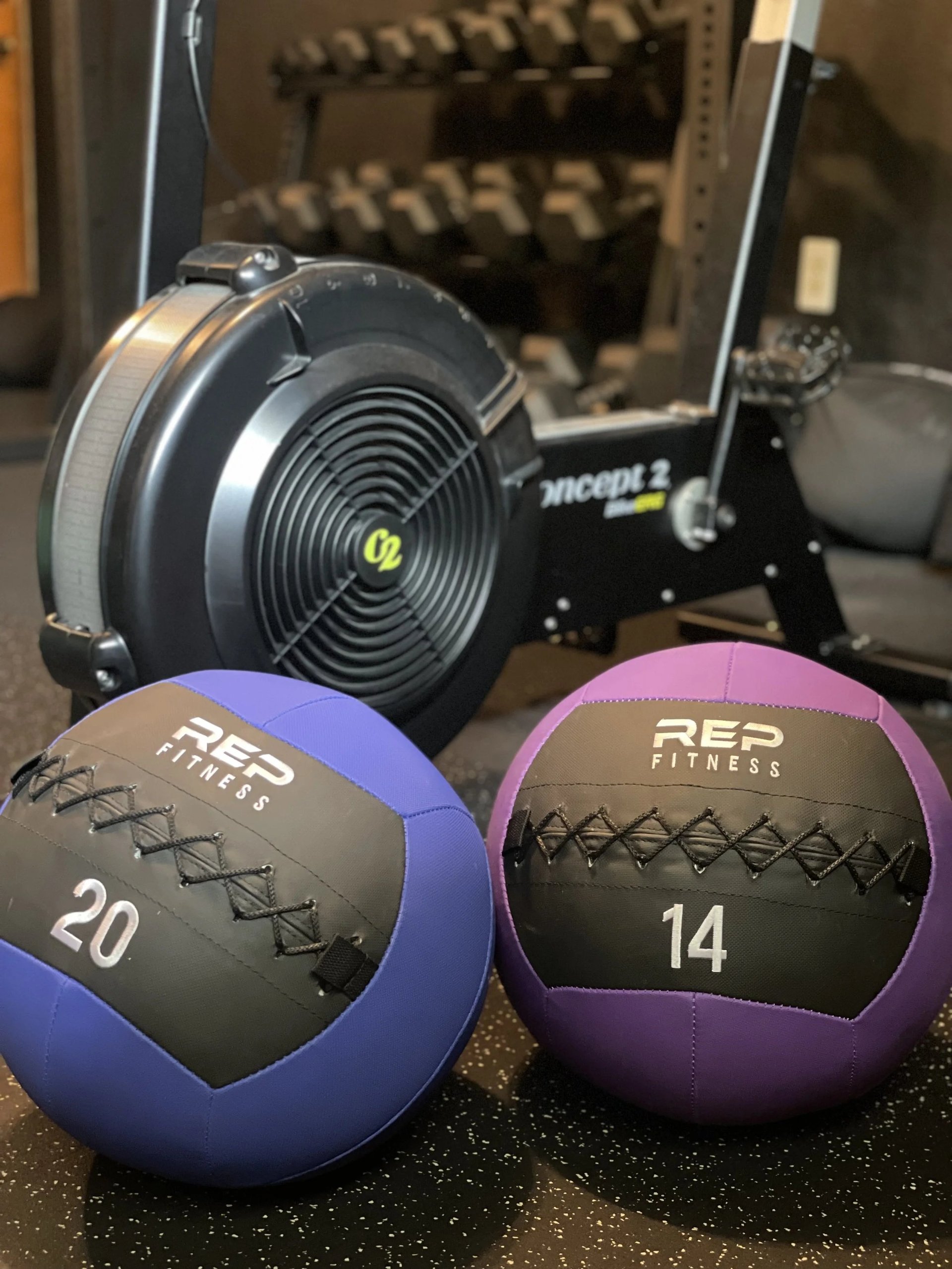 REP Fitness medicine balls (20 and 14 lbs) with exercise bike in background at gym