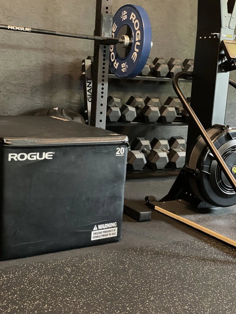 Home gym setup with Rogue weight rack, blue barbell, dumbbell set, plyo box, and exercise bike on rubber flooring